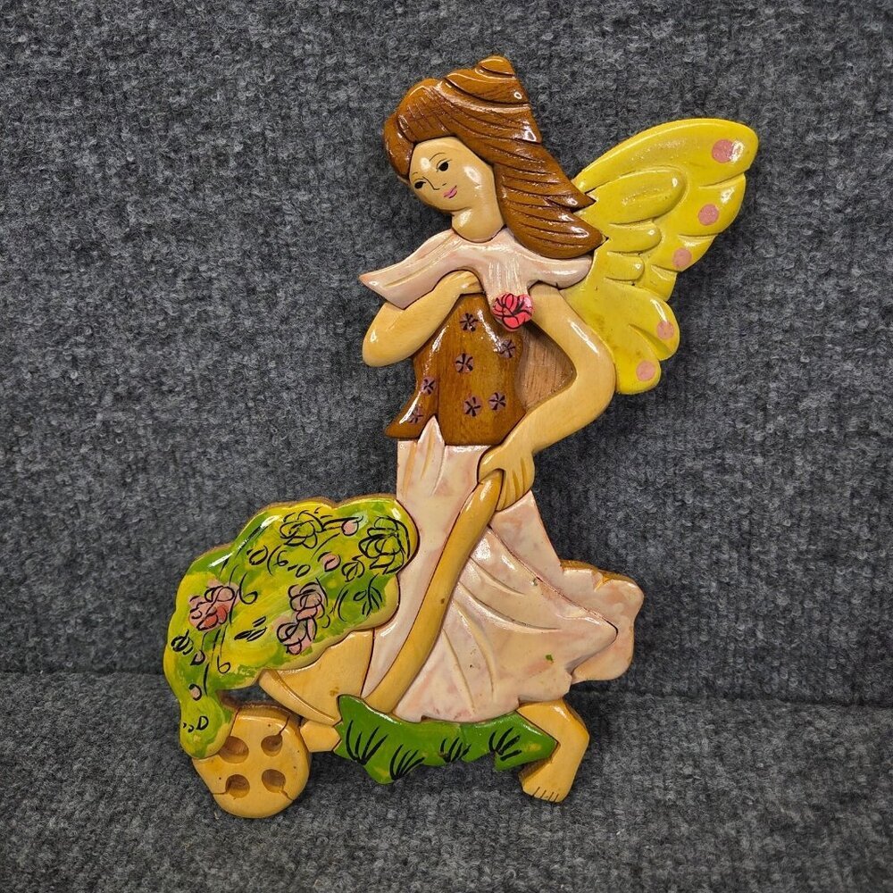 Handmade Vintage Painted Wood Fairy Pixie Wall Hangings Garden Angel MCM Cottage